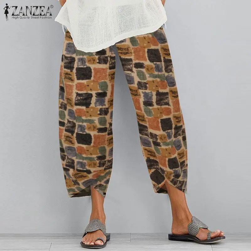 2021 Vasaros Spausdinamas Sutrumpintas Kelnės ZANZEA Vintage Laisvalaikio Kelnės Moterims Elastinga Juosmens Medvilnės Skalbiniai Nesimetriškas Ropė Pantalons