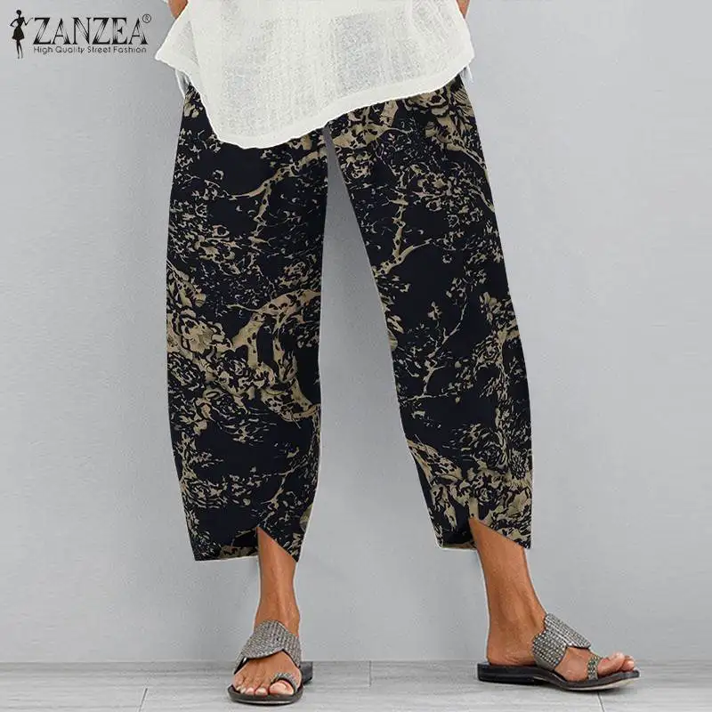 2021 Vasaros Spausdinamas Sutrumpintas Kelnės ZANZEA Vintage Laisvalaikio Kelnės Moterims Elastinga Juosmens Medvilnės Skalbiniai Nesimetriškas Ropė Pantalons