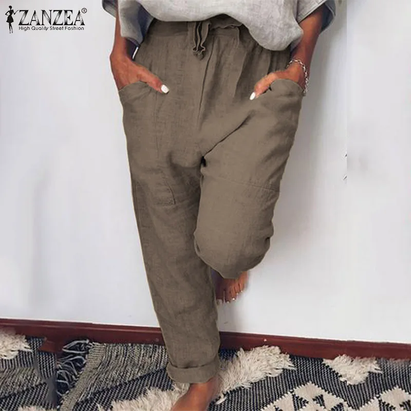 2021 ZANZEA Atsitiktinis Haremo Kelnės Moterų Rudenį Kelnės Senovinių Nėrinių-Up Elastinga Juosmens Kelnės Moteriška Pantalon Palazzo Plius Dydis