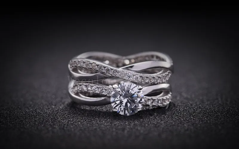 Vecalon 2016 mados Dalyvavimas vestuvių žiedas Rinkinys moterims 1ct AAAAA Cirkonis Cz 925 Sterlingas Sidabro Moterų Juostos žiedas R200