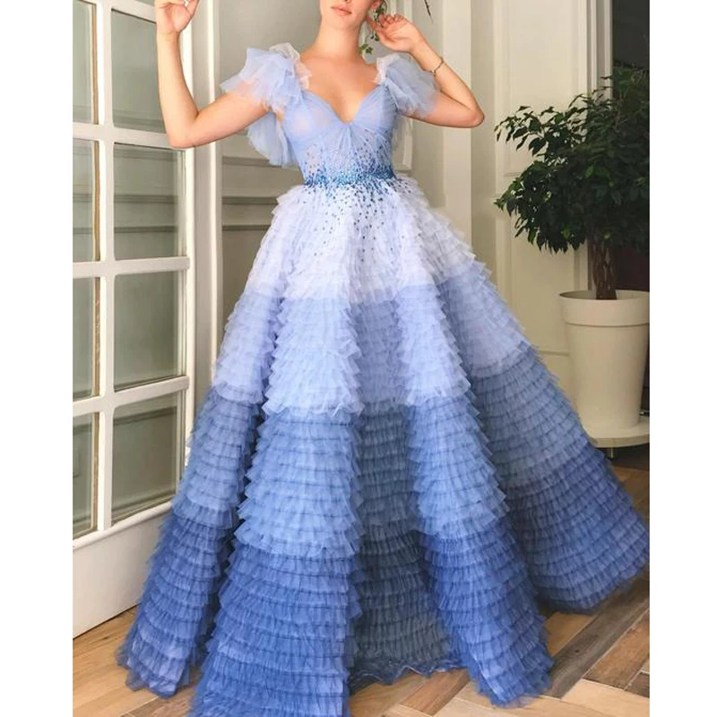 2019 Couture Ombre Mėlyna Skraiste de soiree Sluoksnių Tiulio Elegantiškas Vakaras Oficialų Suknelė V-Kaklo trumpomis Rankovėmis Prom Šalis, Chalatai Vestido