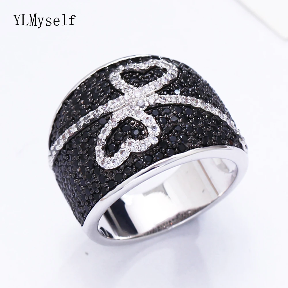 Puikus juodos ir baltos spalvos žiedas aaa zirconia akmenys širdies dizainas gražus papuošalų piršto žiedai moterims