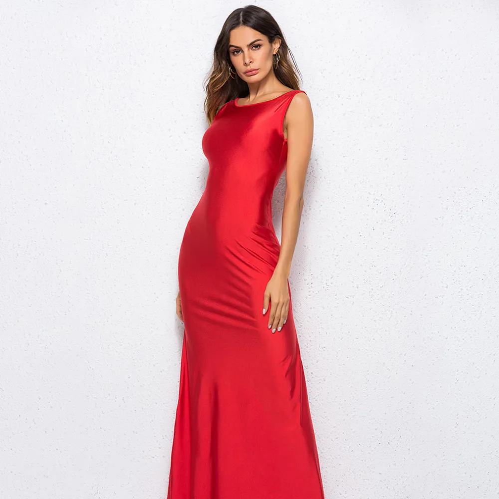 Elegantiškas satino ilga suknelė moterims vakarą vasaros bodycon bakas suknelė be rankovių šalies sexy raudona maxi suknelės vestidos pižama, chalatas,