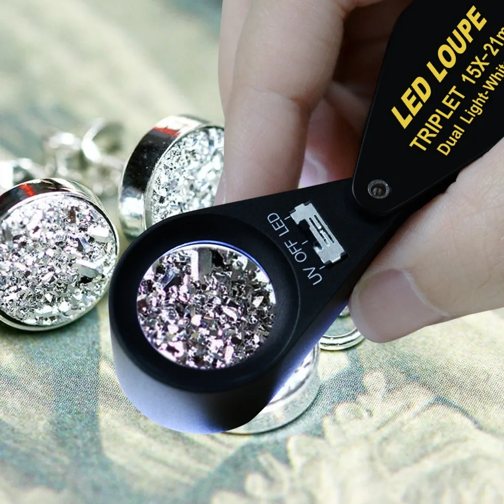 15x 21mm Optinio Stiklo Loupe 6 LED & UV lempa Didinamojo stiklo, Juvelyriniai Foldaway Kišenėje Juodu Rėmu Achromatinis Aplanatic Trijulę Objektyvas
