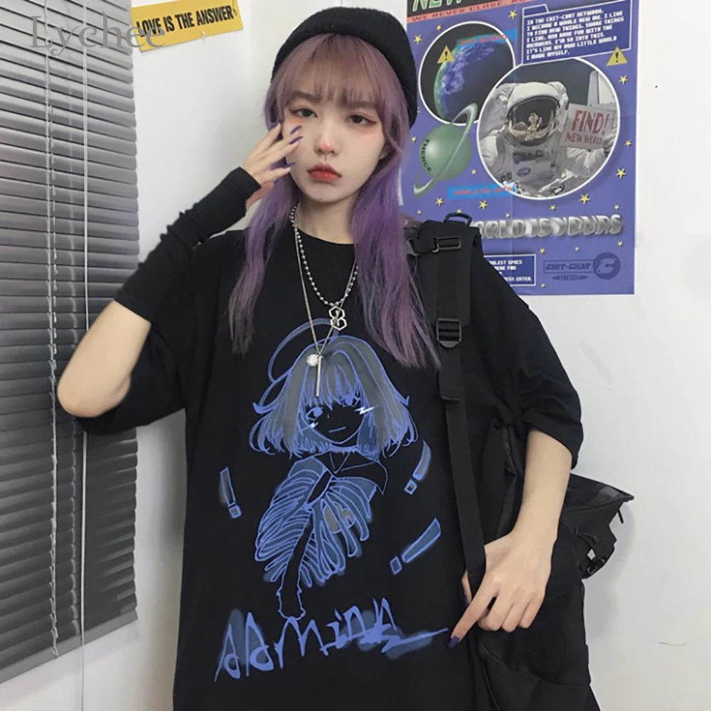 Ličiai Harajuku Japonų Anime Ir Animacinių Filmų Spausdinti Moterys T-Shirt Negabaritinių Ponios T Atsitiktinis Marškinėliai Trumpomis Rankovėmis O-Kaklo Lady Tee Viršūnės