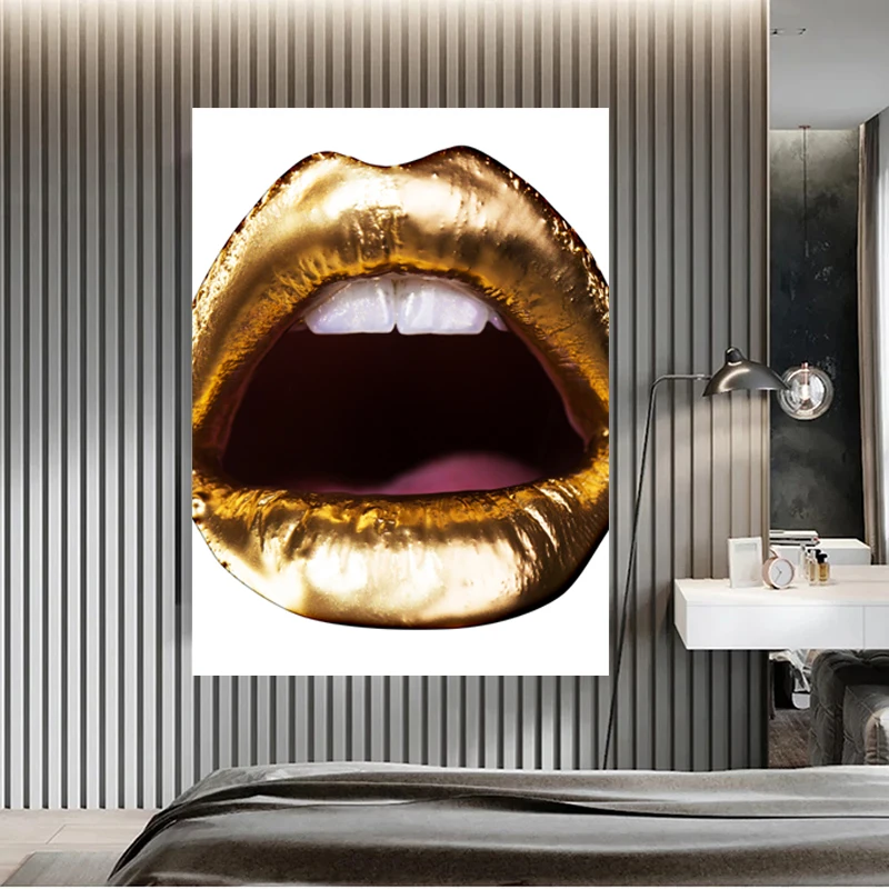 Mada Moterims Seksualus Gold Lūpų Drobės Paveikslai ant Drobės Makiažas Merginų Plakatų ir grafikos Sienos Meno Kambarį Namų Dekoro
