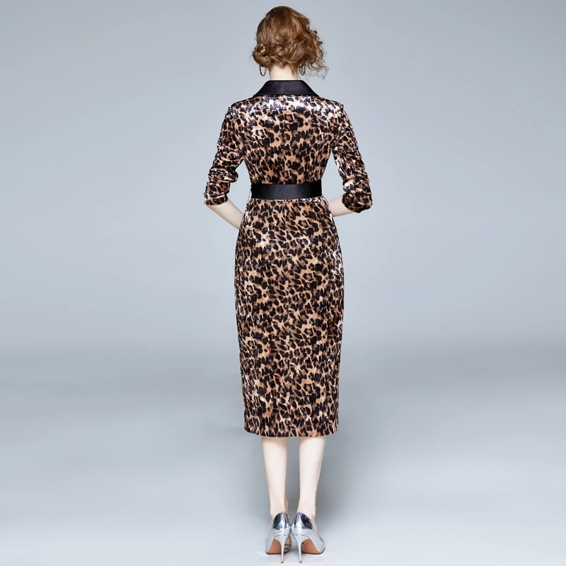 Rudenį ir žiemą moterų mados temperamento prancūzų aukso aksomo leopardas spausdinti ilga suknelė su diržu