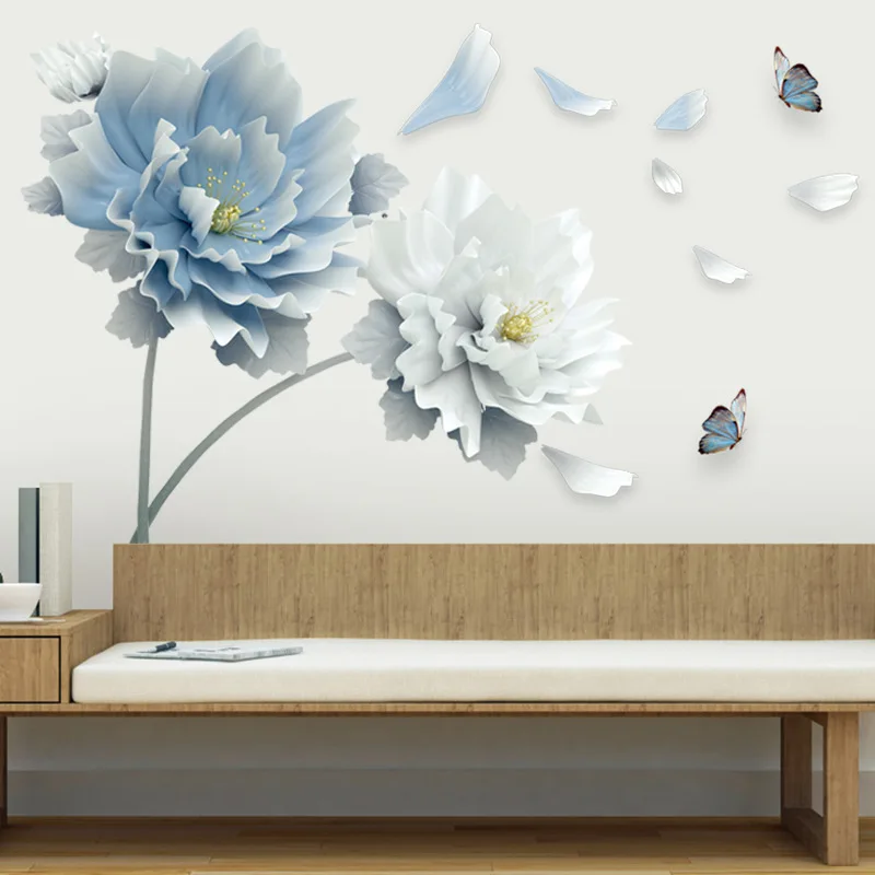 Didelės Baltos spalvos Mėlynos Gėlės Sienų Lipdukai 3D Lotus Drugeliai Menas, Sienų Lipdukai Sienų Gyvenimo Kambario, Miegamasis Namų Dekoro Nuimamas