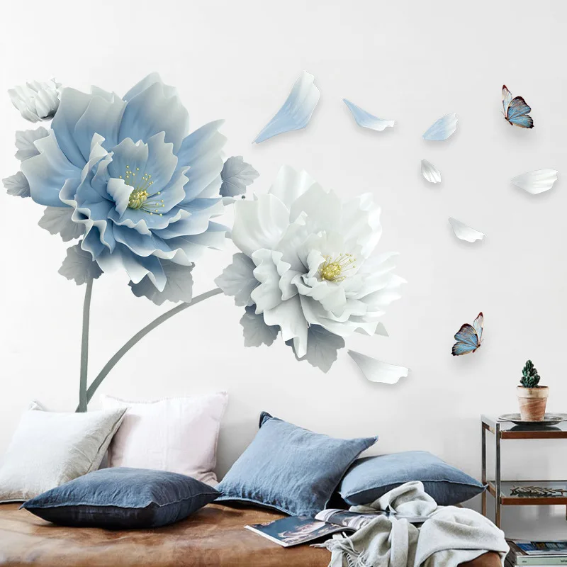 Didelės Baltos spalvos Mėlynos Gėlės Sienų Lipdukai 3D Lotus Drugeliai Menas, Sienų Lipdukai Sienų Gyvenimo Kambario, Miegamasis Namų Dekoro Nuimamas