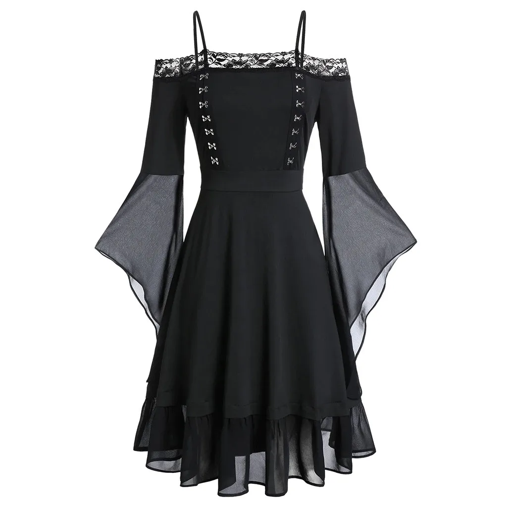 Womne Blyksnius Rankovės Gotikos Suknelė Ponios Mados Vakarą Šalies Mini Suknelė Plius Dydžio Šalto Pečių Nėrinių Aukšto Juosmens Moterų Suknelė