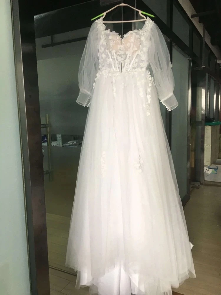 Linijos Šilko Tiulio Vestuvių Suknelė Ilgio Sluoksniuotos Rankovėmis Gėlių Aplikacijos 2020 Nuotakos Suknelė, Paplūdimio Off Peties Seksualus Vestuvių Suknelės