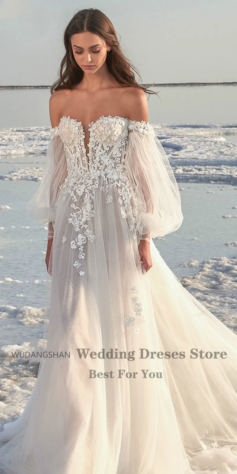 Linijos Šilko Tiulio Vestuvių Suknelė Ilgio Sluoksniuotos Rankovėmis Gėlių Aplikacijos 2020 Nuotakos Suknelė, Paplūdimio Off Peties Seksualus Vestuvių Suknelės