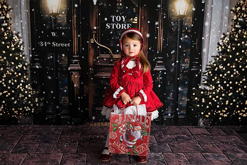 Linksmų Kalėdų Fotografijos Foną, Žiemos Sniegas, Kalėdų Eglutės Žaislų Parduotuvė Gatvės Vaikų Portretas Fone Foto Studija