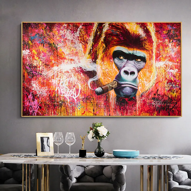 Grafiti Gyvūnų Meno Beždžionių Gorilos Rūkymas Drobės Tapybos Sienos Meno Plakatus Spausdina Kambarį Modernių Namų Tapybos Dekoras