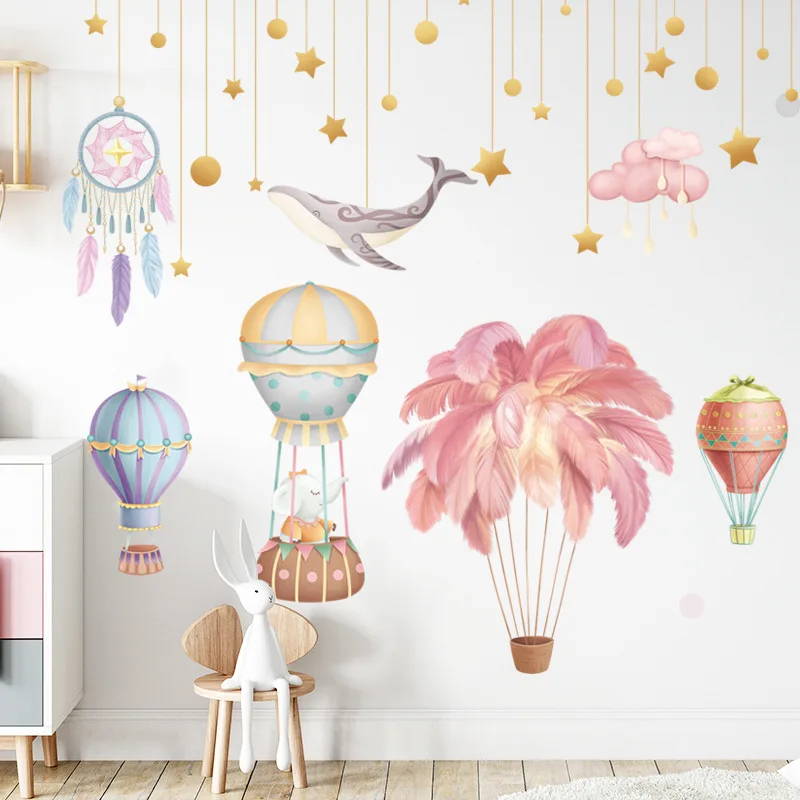 NAUJA karšto oro baliono plunksnų sienų lipdukai vaikų kambario dekoravimo lipdukai nuimamas 