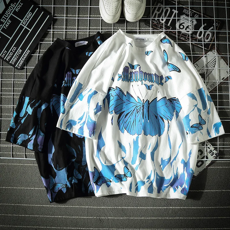 Y2K Estetika Anime T Marškinėliai Mėlynos Liepsnos Drugys Gatvės E Mergina T-shirt Vyrai Unisex Harajuku Trumpas Rankovės Hip-Hop Tee Marškinėliai