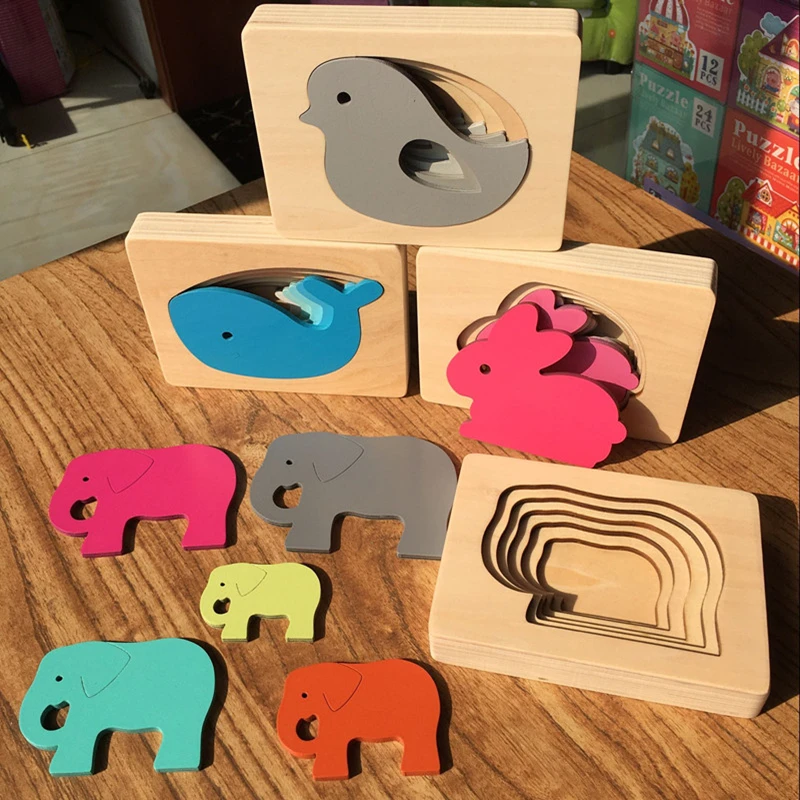 Daugiasluoksnės Pjūklelis dėlionės (Galvosūkiai) vaikų Žaislų Montessori Vaikams, Mediniai Žaislai Vaikams Gyvūnų, Animacinių filmų 3D Puzzle Anksti Švietimo Vaikai Dovana