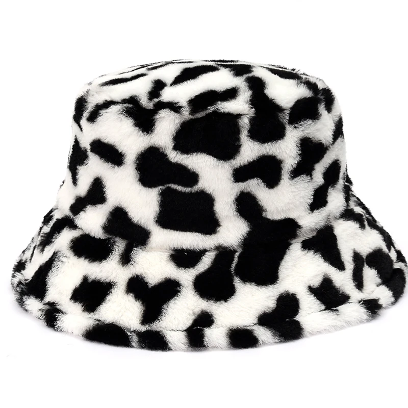 Mados Žiemos Leopard Dirbtiniais Kailiais Kibirą, Skrybėlės Moterims Mergina Karvė Spausdinti Pliušinis aksomo Šiltas Panama Juoda Balta Žvejys Skrybėlės Bob
