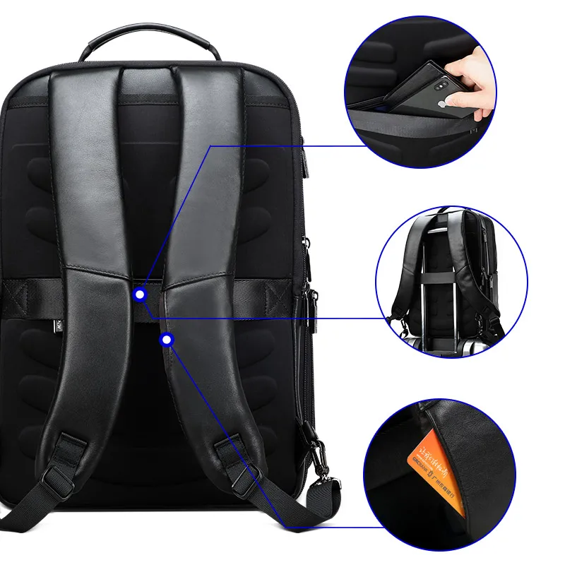 BOPAI natūralios Odos Kuprinė Vyrų Laptop Backpack for 15.6 Colių USB Įkrovimo lizdas Padidinti Verslo Kuprinė Kovos Vagystės Kuprinė