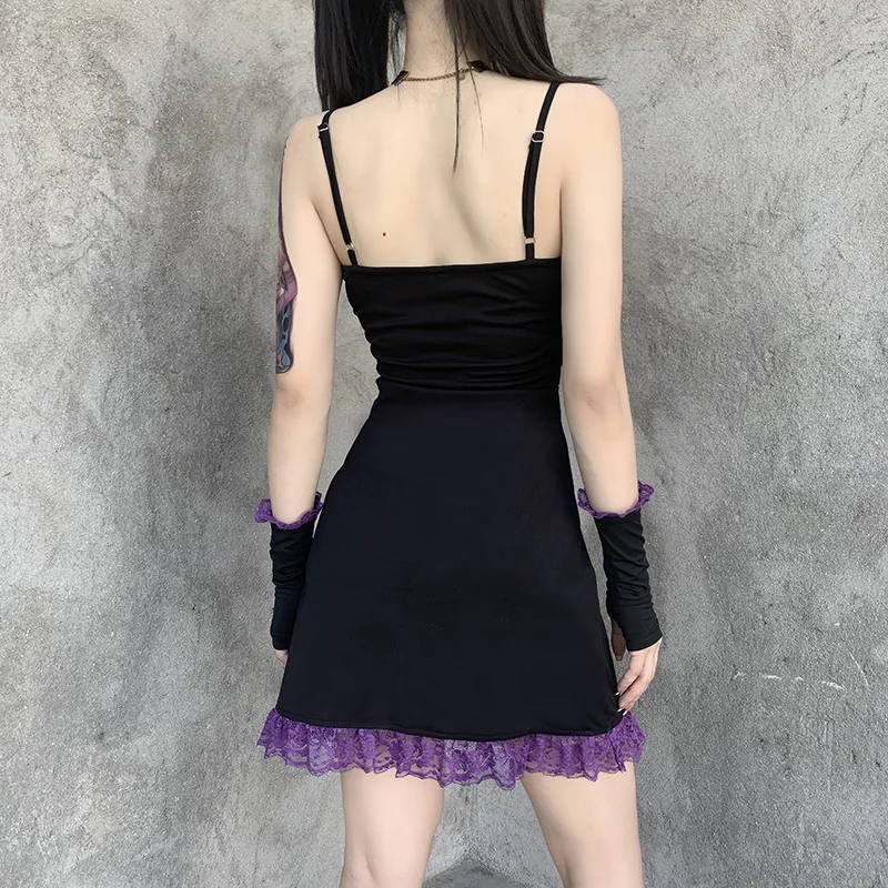 Spageti Dirželis Nėrinių Apdaila Y2k Goth Mini Suknelė Moterims Vasaros 2020 Priekiniai Užrišti Seksualus Backless Linijos, Derliaus Suknelės Su Pirštines