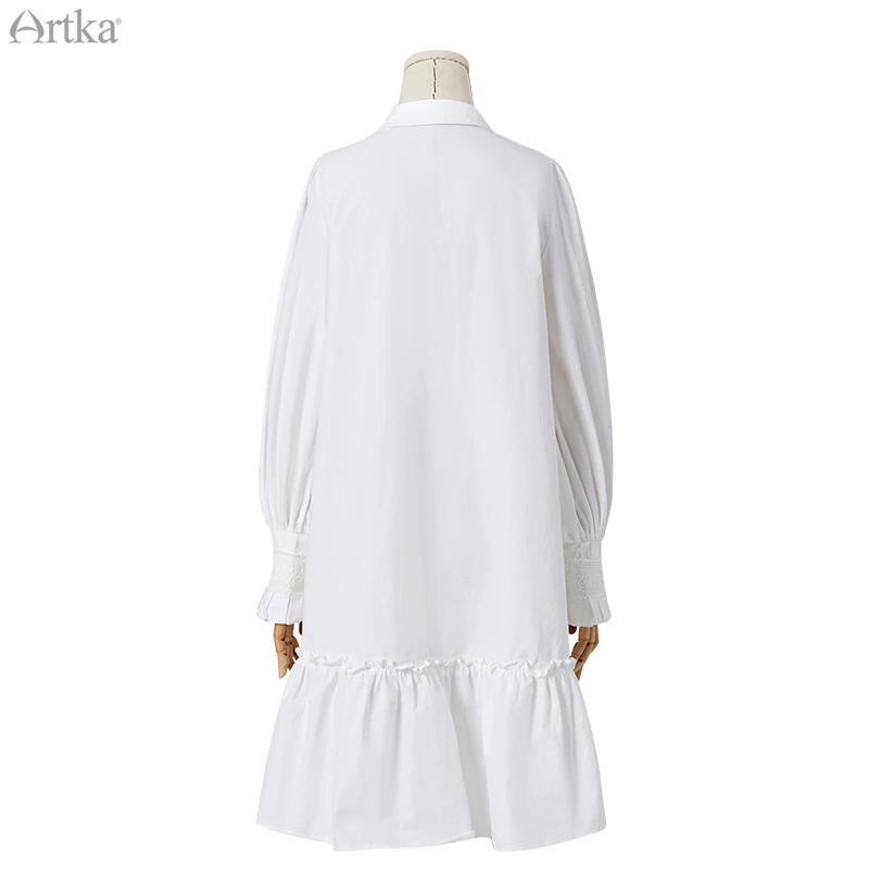 ARTKA 2020 m. Pavasarį Naujas Moterų Suknelė, Medvilnė, Elegantiškas Retro Prarasti Suknelės Atsitiktinis ilgomis Rankovėmis Balti Marškinėliai Suknelė Moterims LA25200C