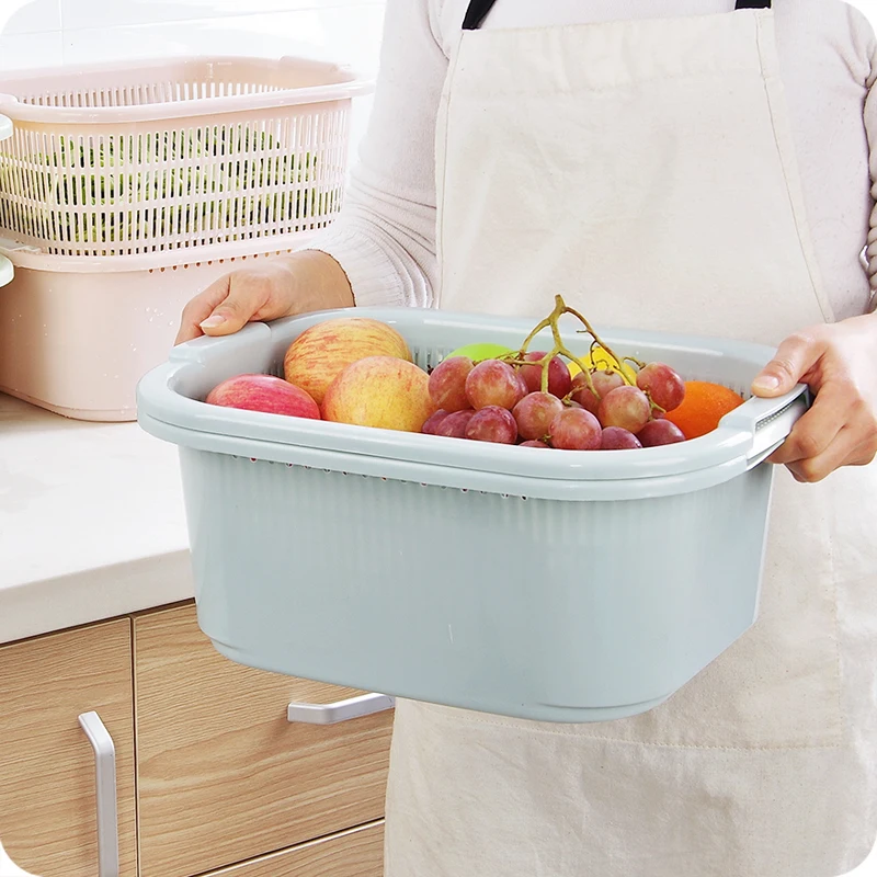 2vnt/komplektas Dvigubo Plastiko Virtuvės Daržovių Ir Vaisių Plovimo Krepšį, Daugiafunkcinis Vaisių Krepšelis Nutekėjimo Krepšelį Skalbimo Dėžutę