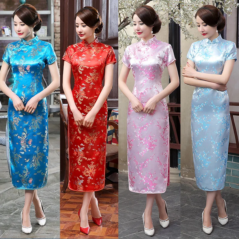 Moteris Ilgai Cheongsam Ponia Elegancija Kinų Tradicinė Suknelė Moterų Qipao Šalies Trumpas Rankovės Senovės Tango Suknelės 90