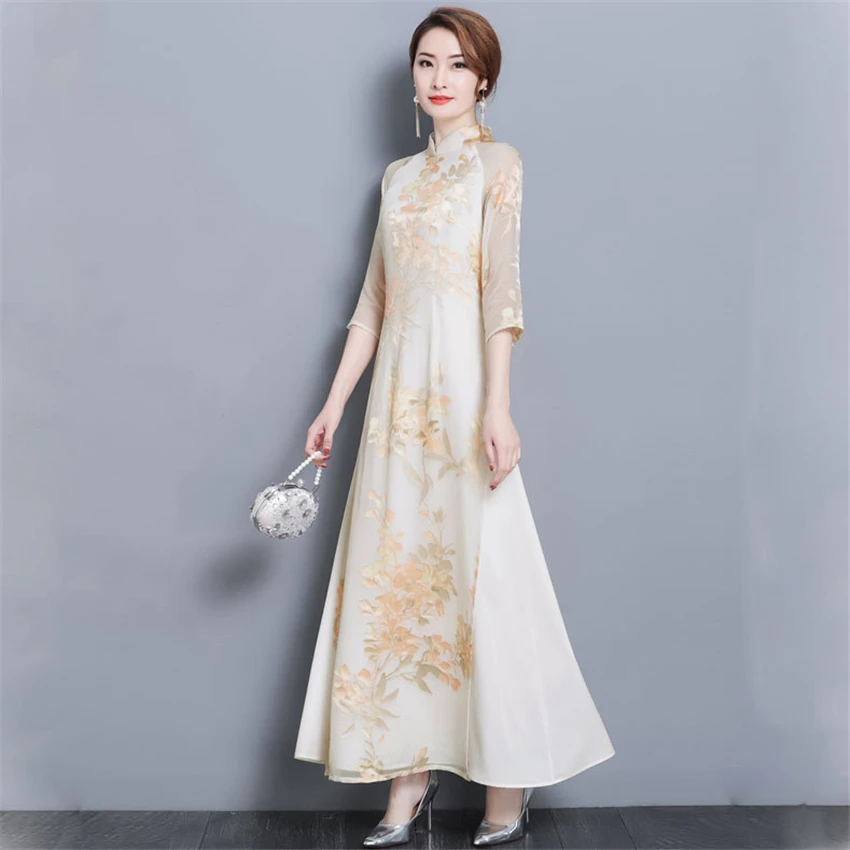 Ao Dai 2020 M. Pavasarį, Vasarą Naujų Gėlių Vietnamas Suknelė Moterims Elegantiškas Cheongsam Tradicinės Liaudies Qipao Azijos Drabužių Vestidos