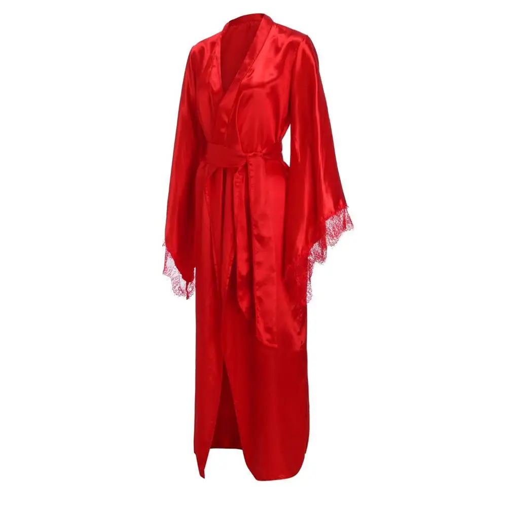 Moterų Seksualių Nėrinių Satino Kimono Ilgas Chalatas Chalatas Moteriškas Apatinis Trikotažas Sleepwear Diržo Pižama Kietas Šilko Chalatai Moterims, Satino Sleepwear
