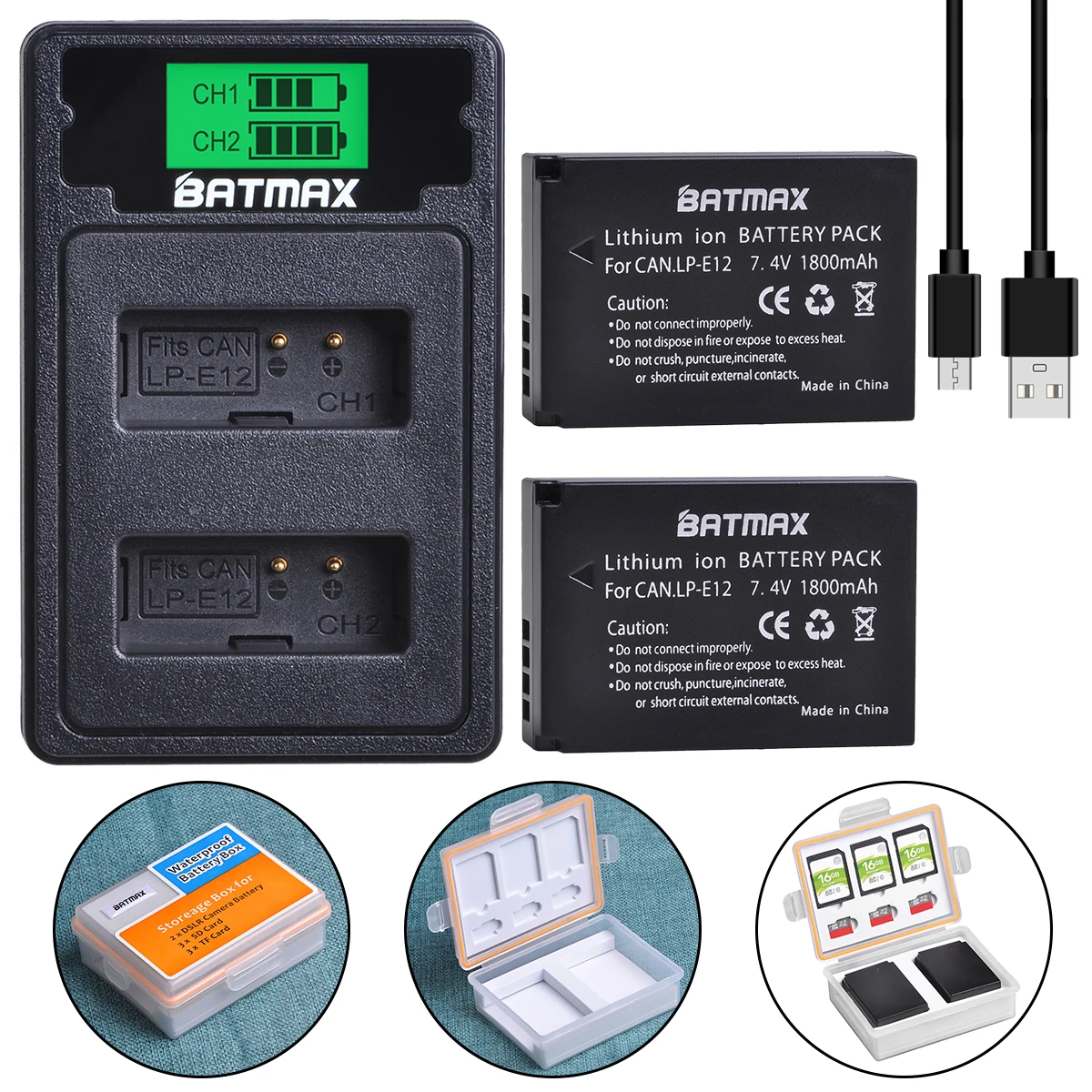 Batmax 2vnt LP-E12 LPE12 Baterija+LCD USB Dual Įkroviklį su C Tipo Uosto Canon SX70HS EOS M50, EOS M100,100D Kiss X7 Rebel SL1