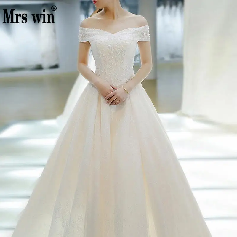 Vestuvių Suknelė Iki 2021 M. S. Laimėti Nuotakos Elegantiškas Valtis Kaklo Valymo Traukinio Kamuolys Suknelė Princesė Nėrinių Derliaus Plius Dydis Vestuvių Suknelės F