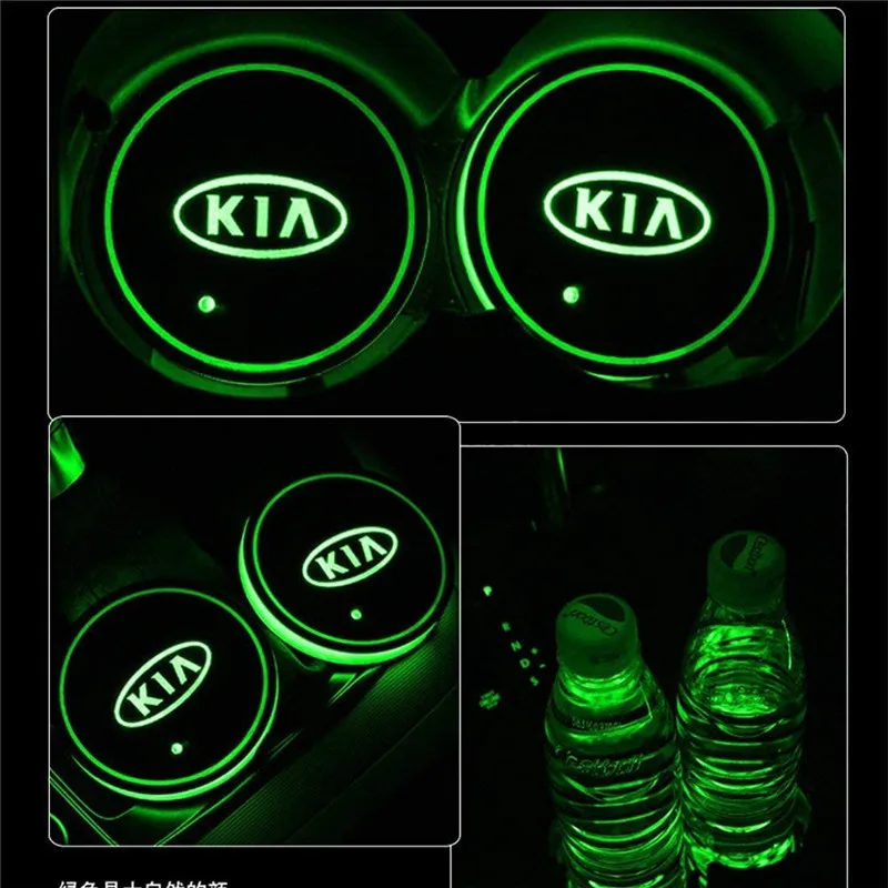 2X 7 Spalvų LED Automobilio Puodelio Laikiklį, KIA K3 K5 KX7 Sportage USB Įkrovimo Motina Fluorescentinė Taurės Trinkelėmis Akrilo Interjero Atmosferą Lempos
