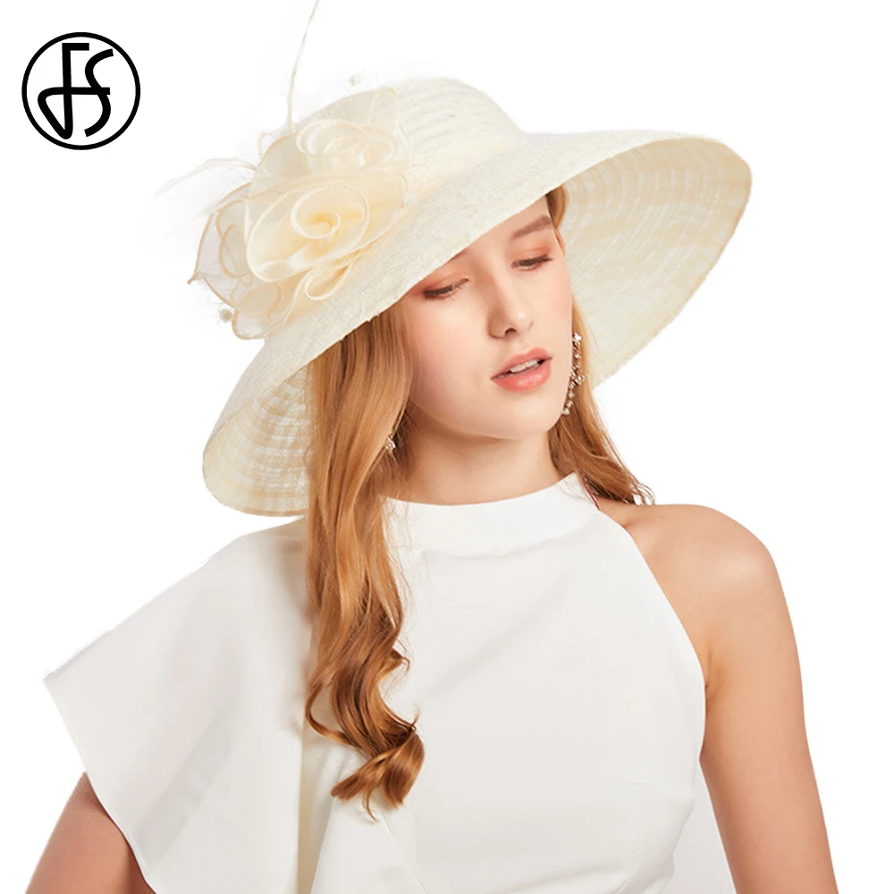 FS Vasaros Smėlio Nėrinių Fascinator Plačios Skrybėlės Kraštų Šalis Skrybėlę Moterims, Elegantiškas Vestuvių Fedora Ponios Bažnyčios Kentukis Derbis Suknelė Bžūp
