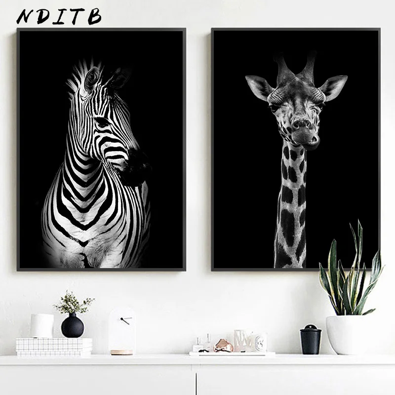 Žirafa, Zebras Liūtas Drobės Plakatas Juoda Balta Gyvūnų Sienos Menas Spausdinti Tapybos Šiaurės Apdailos Nuotrauką Šiuolaikinio Gyvenimo Kambario Dekoro