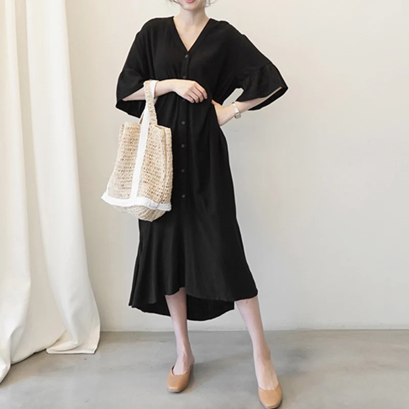 YAMDI šalies midi suknelė moterims, elegantiška moteris korėjos pavasario vasaros derliaus 2020-line suknelės kieto v-kaklo trumpomis rankovėmis vestidos