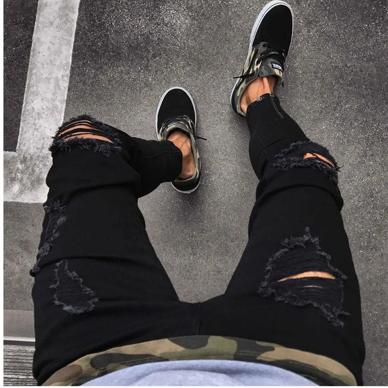 Vyrų Drabužiai-Hip-Hop Sweatpants Liesas Motociklo Džinsinio audinio Kelnės su Užtrauktuku Dizaineris Black Jeans Mens skaldytų skylę Atsitiktinis Bėgiojimas džinsai M