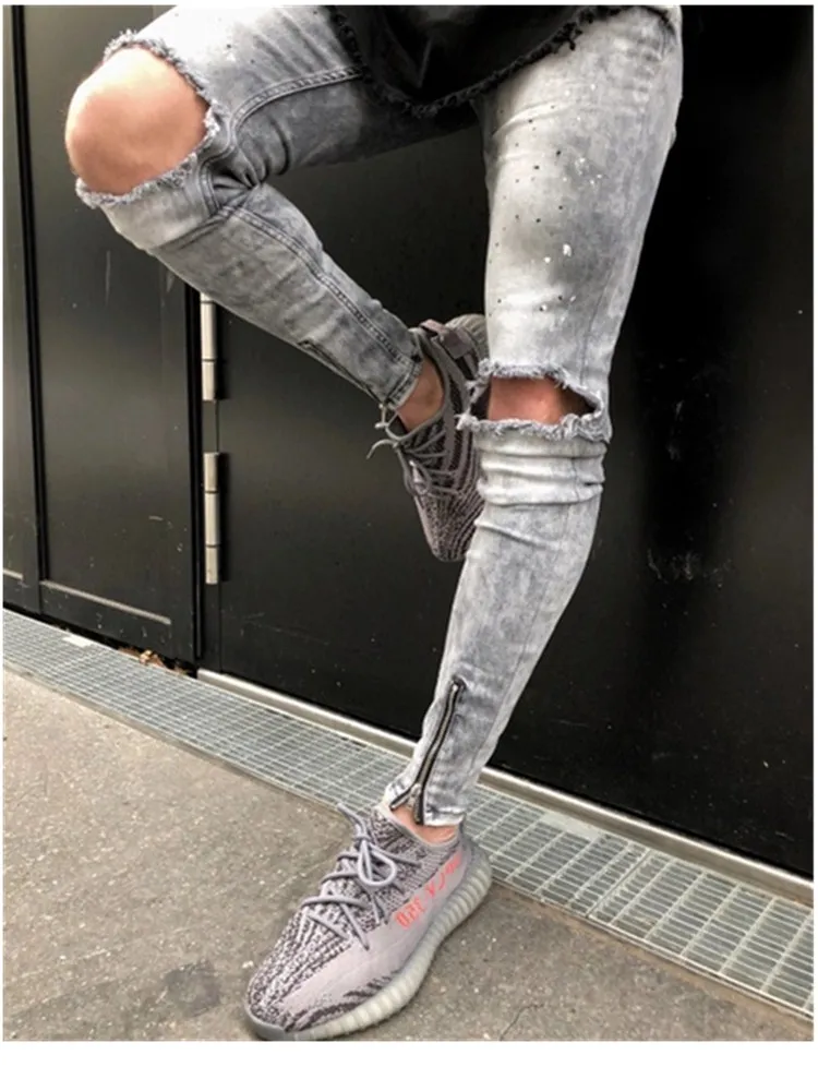 Vyrų Drabužiai-Hip-Hop Sweatpants Liesas Motociklo Džinsinio audinio Kelnės su Užtrauktuku Dizaineris Black Jeans Mens skaldytų skylę Atsitiktinis Bėgiojimas džinsai M