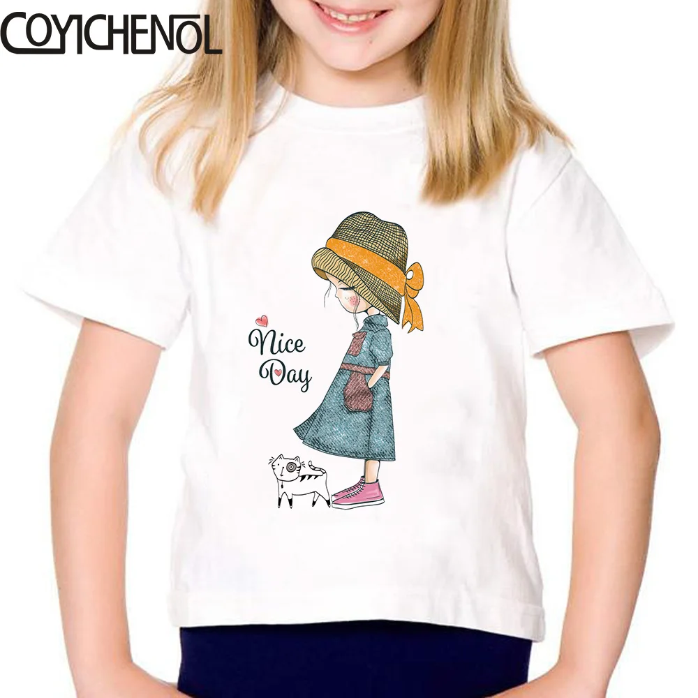 Ranka pieštas Mados Cute girl vaikai marškinėlius Naujas 2-12 Metų Animacijos Spausdinti Animacinių filmų trumpas rankovės Vaikams Viršūnes COYICHENOL