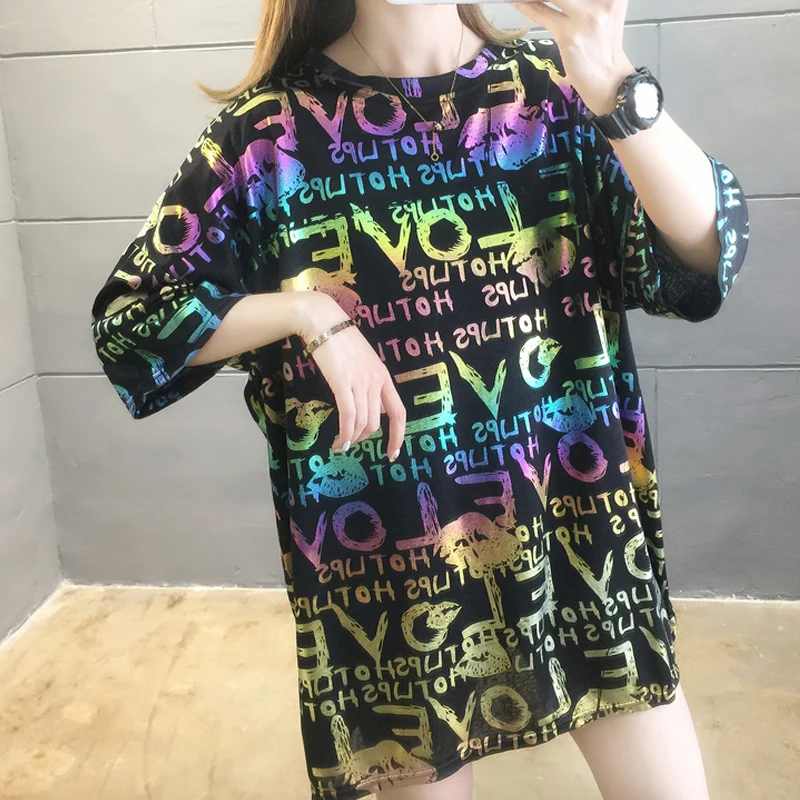 Hip-Hop ' Negabaritinių Marškinėlius Moteris 2020 Streetwear Harajuku Spalva Šviečia Marškinėlius Trumpomis Rankovėmis Medvilnės Prarasti HipHop T-Shirt Plius Dydis