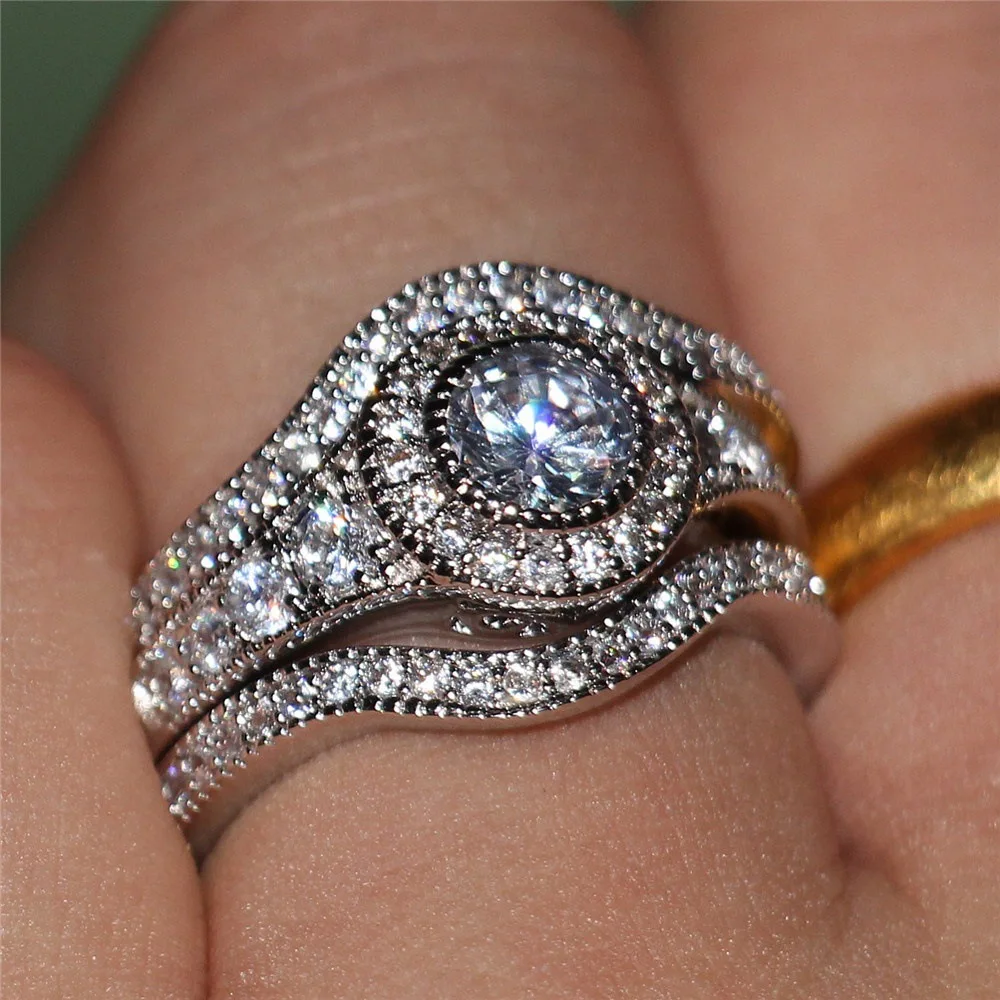 Sterlingas Sidabro 925 Deimanto Žiedas rinkinys Moterims Sidabro Vestuviniai Žiedai nustatyti Užpildyti Moterų Pora jewerly Vestuvės Deimantų Karoliai
