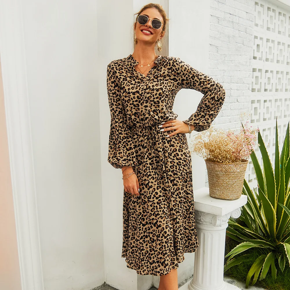 Leopard Moterų Suknelė 2021 Atsitiktinis Nauja Pavasario Vasaros Bohe Vidurio Blauzdos Šalis Suknelės Varčias Žibintų Vestidos OLIS ilgomis Rankovėmis Chalatas, Femme