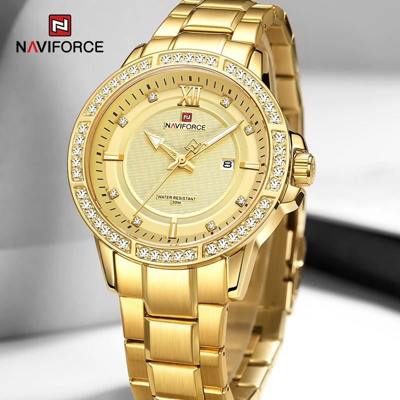 Prabangos Prekės NAVIFORCE Verslo Aukso Laikrodžiai Vyrų Mados Klasika su Deimantų Kvarcinis Laikrodis Plieno Juosta atspari Vandeniui Laikrodis
