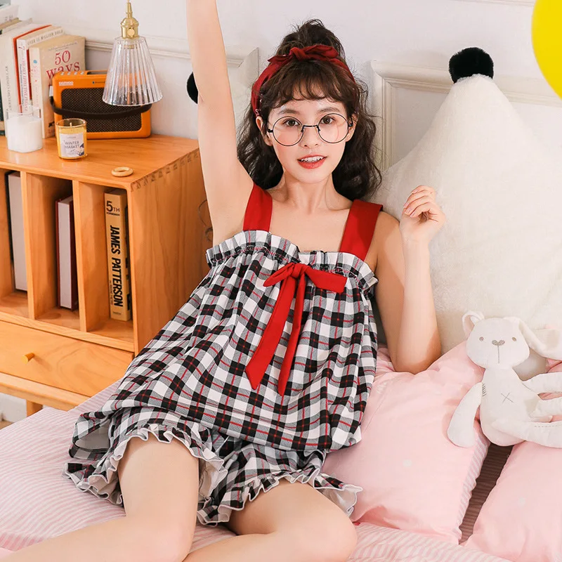 NIGHTWA Korėja Vasaros 2020 Diržas Medvilnės Pižama Nustatyti Mielas Geltona Tinklelis Spausdinti Lankas Pižamą Ponios Homewear Minkštas Ištaigingas Dėvėti moteris