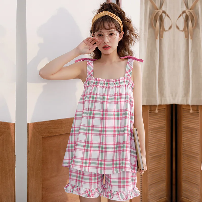 NIGHTWA Korėja Vasaros 2020 Diržas Medvilnės Pižama Nustatyti Mielas Geltona Tinklelis Spausdinti Lankas Pižamą Ponios Homewear Minkštas Ištaigingas Dėvėti moteris