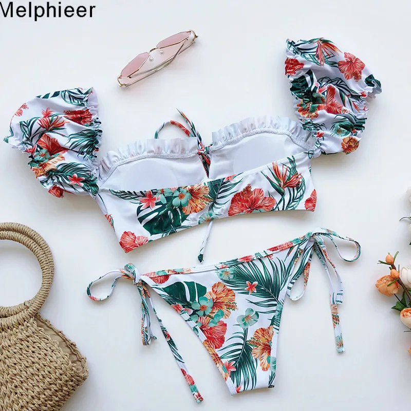 Melphieer Dviejų dalių moterų ruched sluoksniuotos bikini 2020 m. vasarą brazilijos bandeau bikinis nustatyti ryšius pusėje maudymosi kostiumėliai, maudymosi kostiumėlį