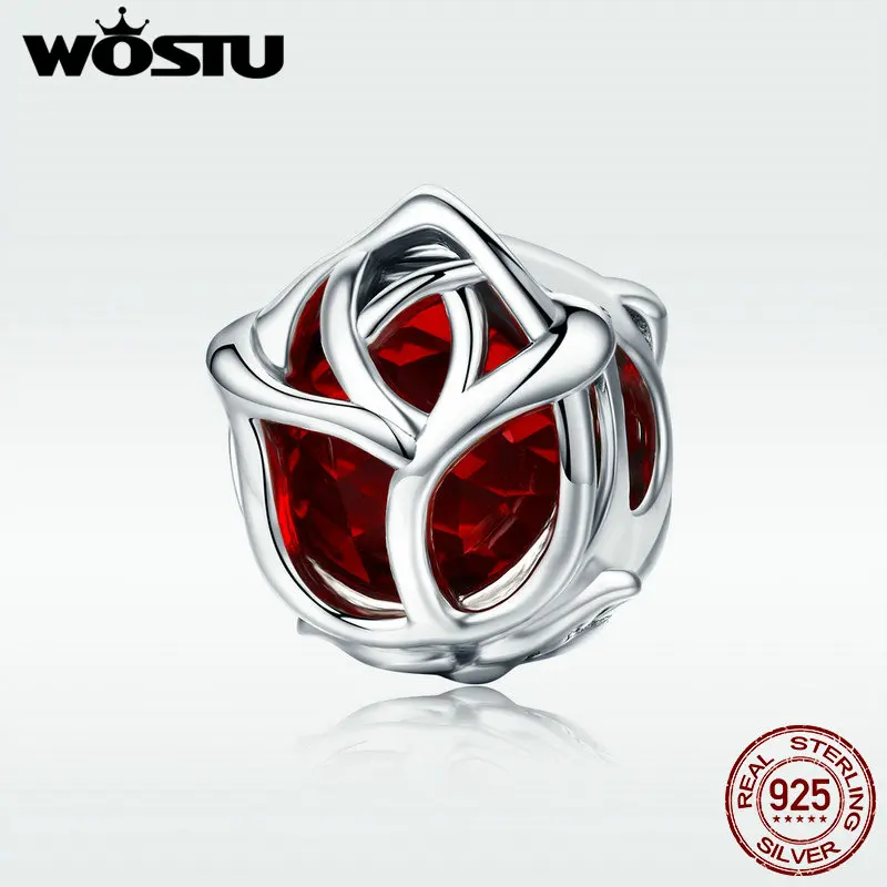WOSTU Nauja Originali 925 Sterlingas Sidabro Romantiška Red Crystal ažūrinės figūrinių Rose Karoliukai Mados Originalus Moterų Žavesio Apyrankę DXC568