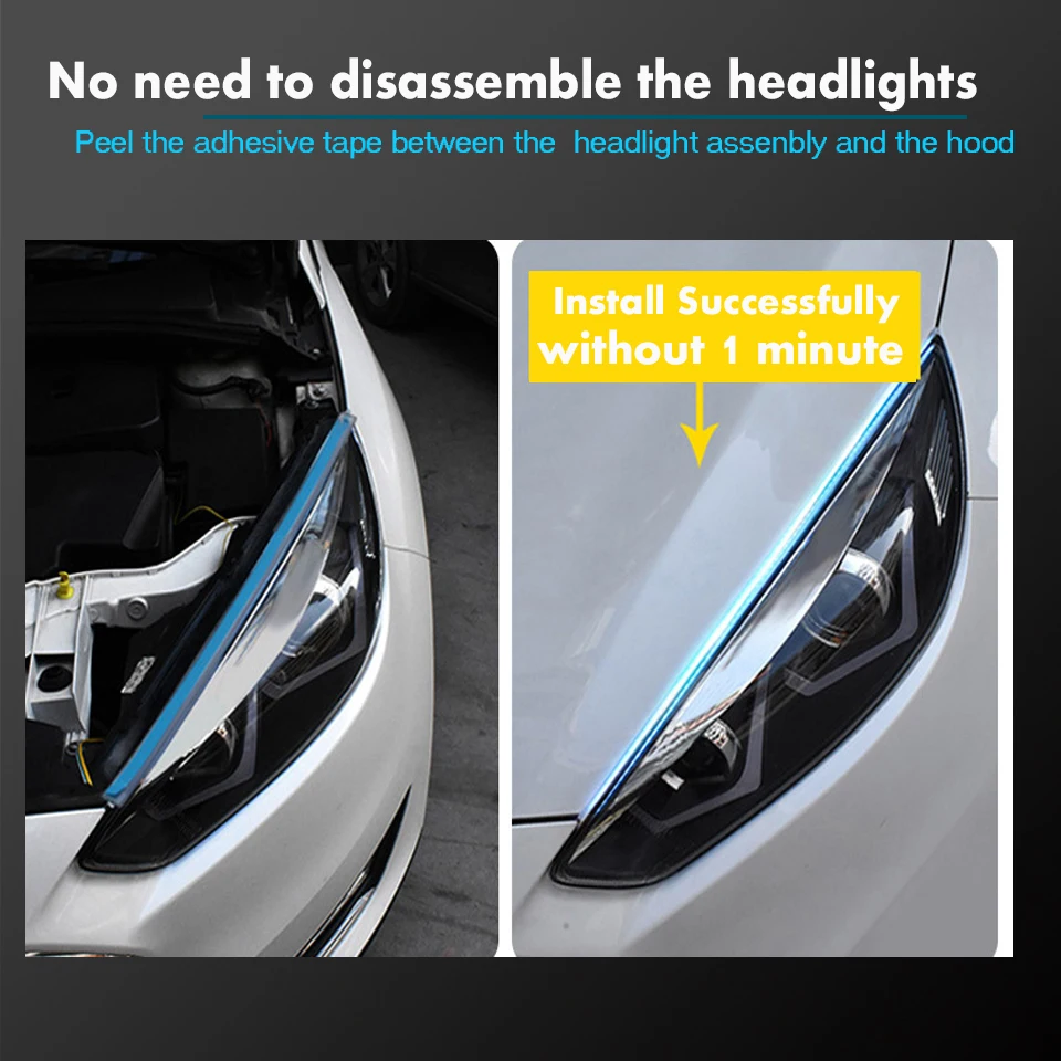2vnt LED DRL Automobilio Šviesos važiavimui Dieną Lankstus, atsparus Vandeniui Juostelės Auto Balti Žibintai Posūkio Signalo Geltonos spalvos Stabdžių Šviesos Srauto 12V