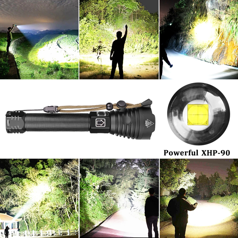 Įkraunamas LED Žibintuvėlis galingiausių XHP90 Taktinis Žibintuvėlis atsparus Vandeniui Zoomable Medžioklės Šviesos Use18650 ar 26650 Baterija