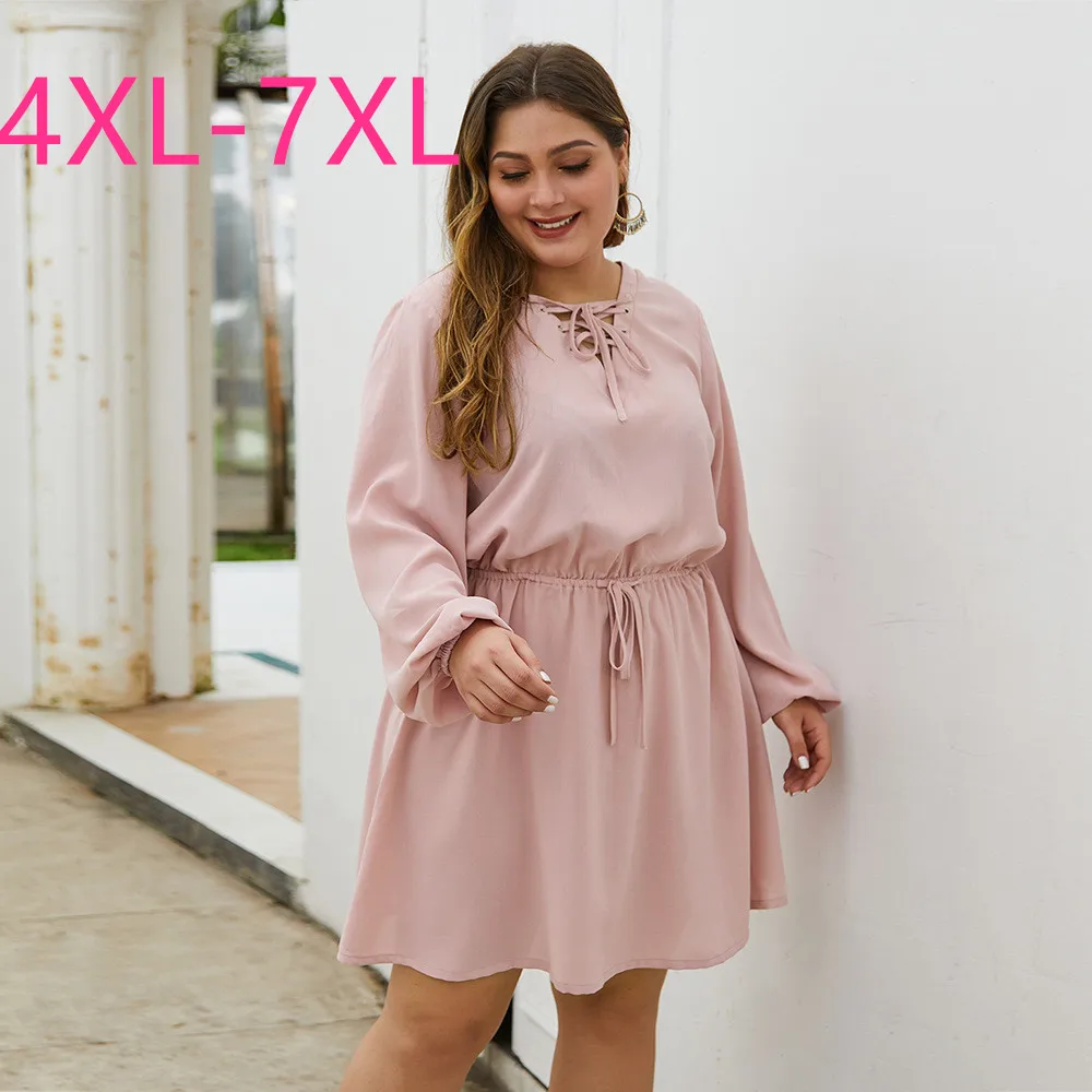 2021 m. pavasarį, rudenį plius dydis suknelė moterims didelis atsitiktinis palaidų ilgomis rankovėmis kelio ilgis, V kaklo suknelės diržas rožinė 4XL 5XL 6XL 7XL