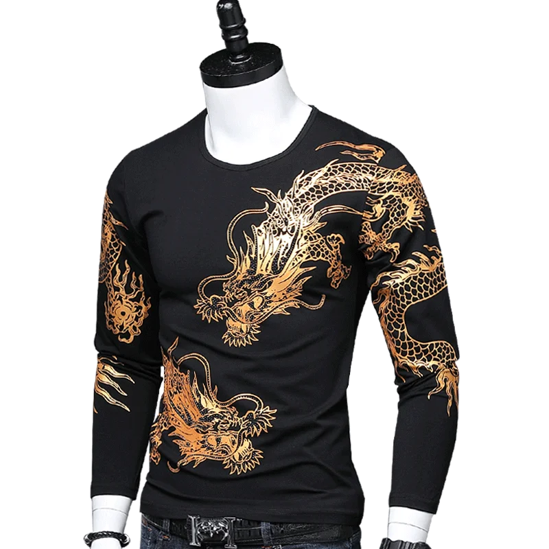 Long Sleeve T-shirt Vyrai Medvilnės Dugno Marškinėliai Dragon Spausdinti O-Neck Slim Mados Kinų Stiliaus vyriški Marškinėlius